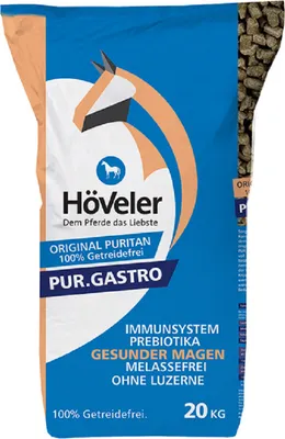 A bag of horse feed with branding and product information.