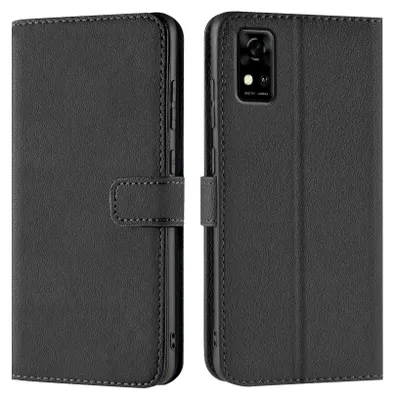 A black flip case for a smartphone is shown from two angles, open and closed.