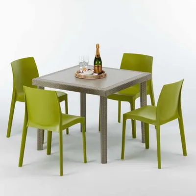 Produktbild von Polyrattan Tisch Quadratisch mit 4 Bunten Stühlen 90x90 Beige Elegance