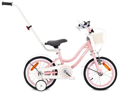 Obrázek produktu pro Kolo pro dívku 14 palců 3-5 let kolo s tréninkovými koly tlačné zařízení zvonek košík Heart Bike pudrově růžová