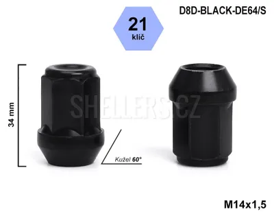 Obrázek produktu pro Kolová matice M14x1,5, kužel zavřená, klíč 21 mm, D8D-BLACK-DE64/S, výška 34 mm, černá