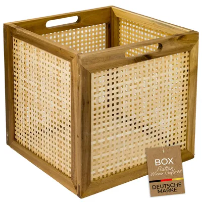 Produktbild von HMF Aufbewahrungskorb passend für Kallax Regale, Korb aus Rattan mit Wiener Geflecht und Akazienholz | Muster 3 | 32 x 34 x 32 cm, KI-generiertes Bild