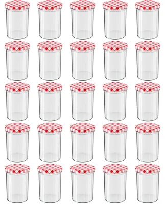 Produktbild von WELLGRO Einmachgläser rot kariert 435ml mit Schraubdeckel - 435 ml, 8,5 x 12 cm (ØxH), Glas / Metall, rot karierte Deckel To 82, Gläser  Germany, verschiedene Mengen wählbar