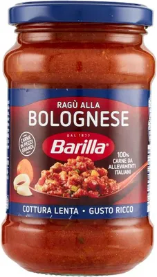 Produktbild von Barilla Ragù alla Bolognese, Bolognese, 300 g, Tomato pulp 24%, water, tomato paste 17%, beef 9%, pork 9%, onion 8%, carrots 4%, CELERY,..., Konservierungsmittel, 82 kcal, 343 kJ