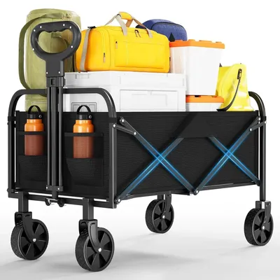Produktbild von Faltbarer Bollerwagen - Klappbarer Garten-/Strandwagen - Geländereifen - Getränkehalter - Verstellbarer Griff - Schwarz