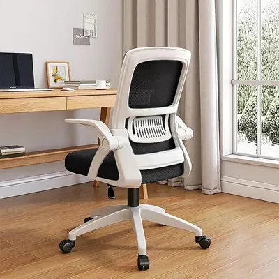 Zdjęcie produktu dla Krzesło biurowe, ergonomiczne krzesło obrotowe z oddychającą siatką w oparciu, składanymi podłokietnikami i podparciem dla kręgosłupa lędźwiowego, idealne do pracy przy komputerze w biurze lub w domu (czarne i białe)