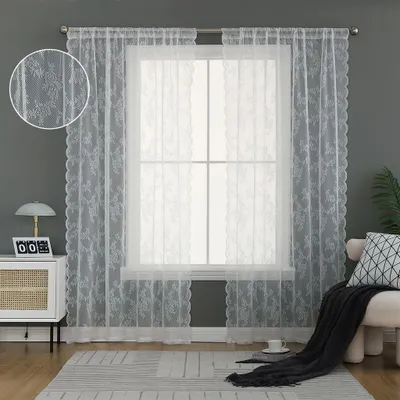 Produktbild von Voile Weiß Blumen Bestickte Vorhang Gardine Tüll Spitze Dekoschal, 2 Stück, B145xH183cm