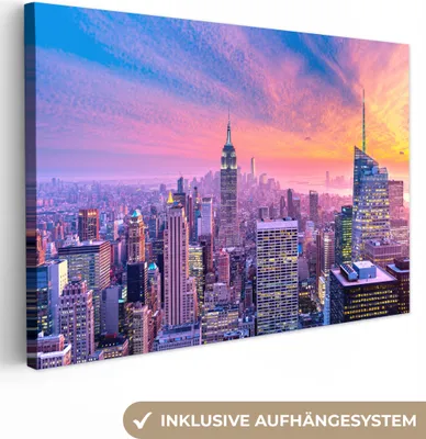 Produktbild von MuchoWow® - Leinwandbilder - New York - Farben - Skyline, Wandbild, Wanddeko Bilder Wohnzimmer, 90x60 cm