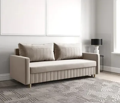 Produktbild von Schlafsofa MARO, Sofa mit Schlaffunktion und Bettkasten, Klappsofa, Schlafcouch mit Füßen aus Naturholz, Veloursstoff, Couch in Frabe: Beige