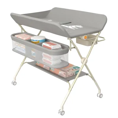Image de Table à langer réglable en hauteur sur roulettes à 5 niveaux, sidebags - pliable, gain de place en gris.