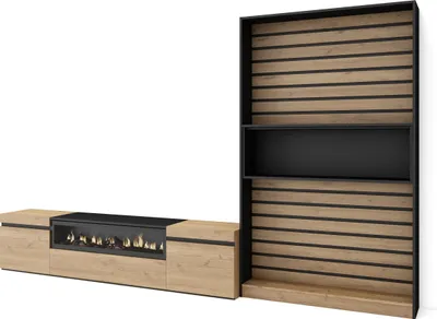 Produktbild von Wohnwand Wohnzimmer, 310x35x186cm, Für TV-Geräte bis zu 80", Elektrokamin, Eiche und Schwarz