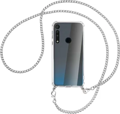 Produktbild von Handykette Backcover-Schutzhülle mit Band (Metall silberfarben) für Motorola One Macro - silberfarbene Kette