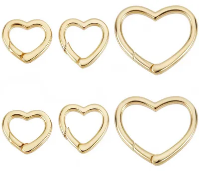 Image de Porte-clés en forme de cœur - Lot de 6 pièces en 3 tailles différentes - Attaches en laiton plaqué or 18 carats - Éléments de connexion pour la fabrication de bijoux