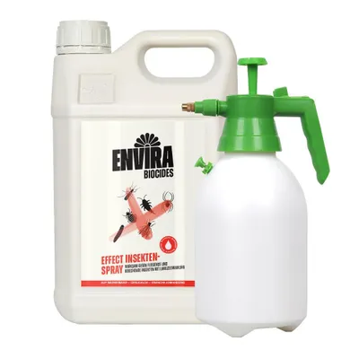 A white plastic bottle of insecticide and a green and white spray bottle are shown against a white background.