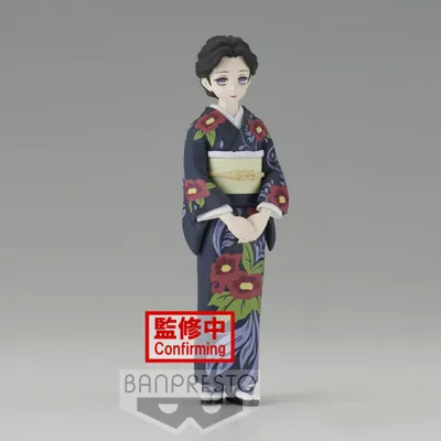 A figurine of a woman in a kimono against a plain background.