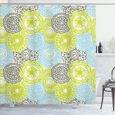 Immagine prodotto di ABAKUHAUS Tenda da doccia con fiori, fiori color pastello con effetti etnici in stile folk, stampa naturale, 175 x 180 cm, verde mela, acquamarina, grigio