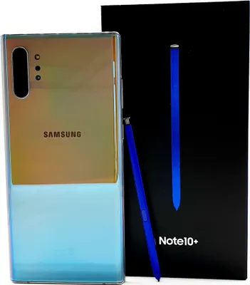 A Samsung Galaxy Note 10+ phone and its stylus are displayed next to its packaging.