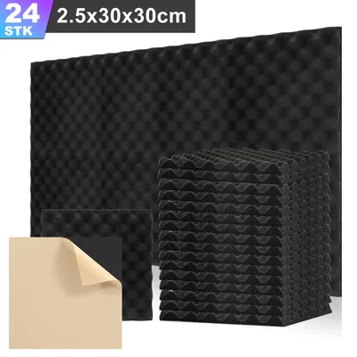 Zdjęcie produktu dla Ikodm, 24 sztuki, panele akustyczne z pianki, maty akustyczne o wymiarach 30 x 30 x 2,5 cm, maty dźwiękochłonne, efektywne płytki z pianki o profilu falistym, kolor czarny