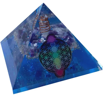 Produktbild von CHONIT Orgonit Pyramide Ozeanblau Blume des Lebens Bergkristall 8,5 cm