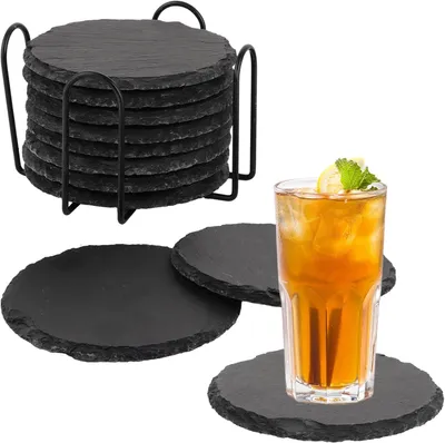 Produktbild von 12er Set Schiefer Untersetzer rund 10 cm mit Metallhalter, Getränkeuntersetzer aus Naturstein, rutschfest & kratzfest für Gläser & Tassen, DIY Ideen