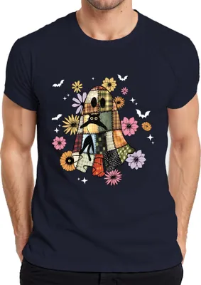 Produktbild von Halloween Geist Patchwork Katze Blumen Herbst Vintage Boho Sterne Herren T-Shirt, Navy, S