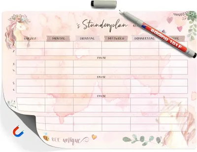 Produktbild von Einhorn Stundenplan magnetisch inkl Stift - Wiederbeschreibbarer Mädchen Unicorn Schule Stundenplan | Stundenplaner abwischbar in DIN A4 | Wochenplaner für Kinder ab der 1 Klasse Grundschule