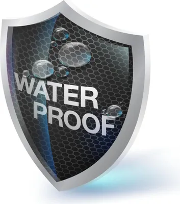 A shield graphic with the words "WATER PROOF" and water droplets on it.