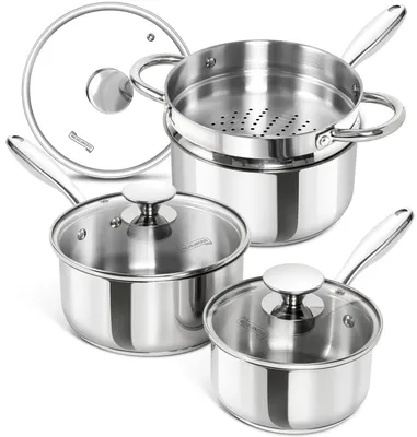 Produktbild von MICHELANGELO 7-teiliges Stielkasserollen-Set, 1 l, 2 l, 2,8 l, Edelstahl 18/10