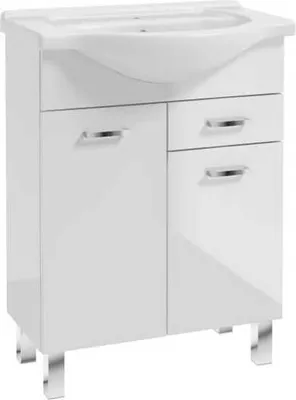 Produktbild von Badezimmerschrank mit Waschbecken auf Beinen 85x65 stehend weiß Mea mit länglichem Chromhahn