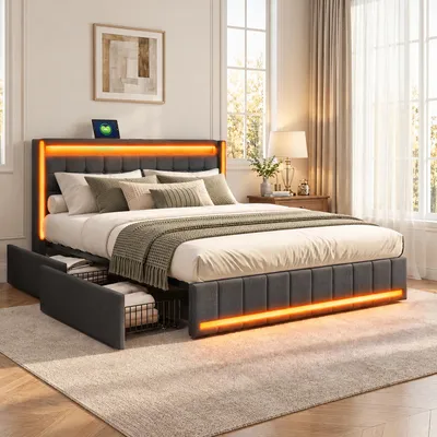 Obrázok produktu pre BPKADHY Posteľ s čalúneným rámom, rozmer 180x200 cm, tmavosivá farba. Rám postele s 4 zásuvkami na odkladanie, LED osvetlenie, USB port, poťah z ľanu, bez matraca