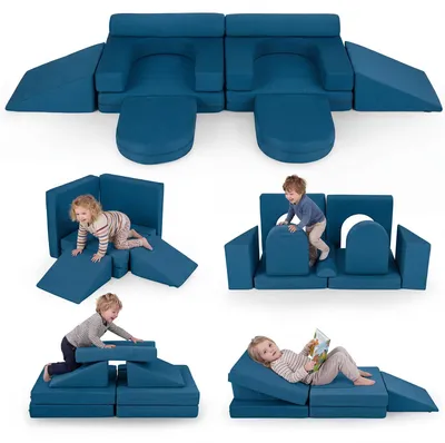 Modulares Spielsofa 10-teilig, Kinderbank mit abnehmbarem Bezug, blau