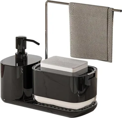 Image de Organisateur de cuisine avec bac de rangement et distributeur de savon - Support pour éponge à vaisselle, organiseur de rangement de cuisine, noir.
