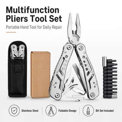 Image de Pince multifonction - Ensemble d'outils pliables - Acier inoxydable - Embouts de tournevis - Pour travaux sur bois - Adaptée aux droitiers et aux gauchers - Étui de rangement
