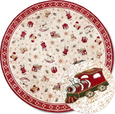 A round rug with a festive Christmas toy pattern, featuring a close-up inset of a toy train.