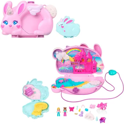 Produktbild von Polly Pocket 2-in-1-Bunny Fun Schatulle, tragbares Taschen-Spielset mit 2 Puppen und 12 Zubehörteilen inklusive Tieren, 4 Jahr(e), Junge/Mädchen, 140 mm, 800 g, Mehrfarbig