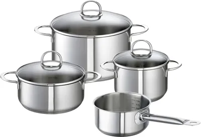 A set of four stainless steel pots with glass lids, arranged on a white background.