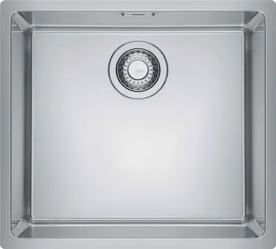 A top-down view of a stainless steel sink with a drain.