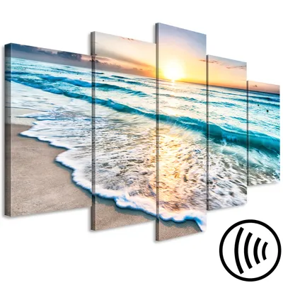 Produktbild von Akustikbild Meer und Strand 200x100 cm Bilder Akustikschaum Hochleistungsschallabsorber Schallschutz Leinwand 5 tlg Wandbild Raumakustik Schalldämmung Sonnenuntergang c-B-0552-b-m