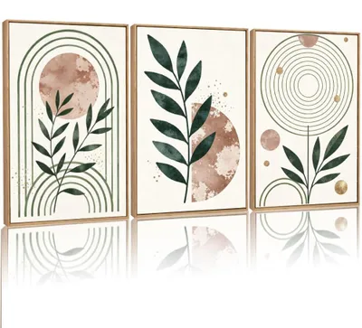 3er Set Wanddeko, Boho-Pflanze, gerahmt, 40x60 cm, salbeigrün