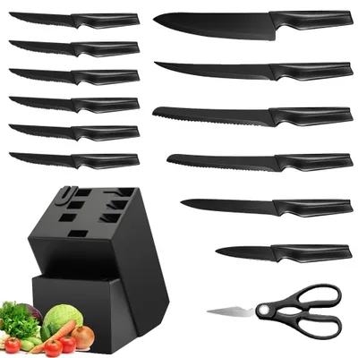 Produktbild von Küchenmesser Set, Ergonomische Griffe, Eingebauter Wetzstahl, schwarz