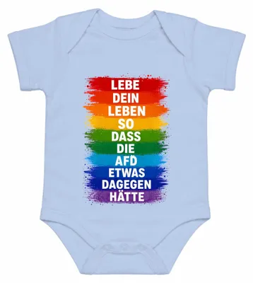 Productafbeelding van Leef je leven zo dat de AfD er sarcastisch op moet reageren. Babyromper, lichtblauw, maat 6/12