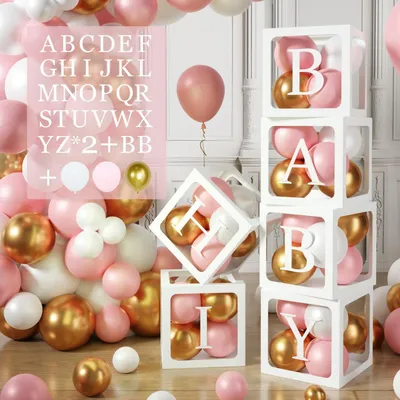 Image de Coffret de décoration pour baby shower, thème fille, couleurs rose, or et blanc. Contient 6 boîtes, 54 lettres et 45 ballons