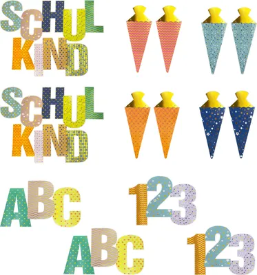 Produktbild von Oblique Unique Schul Konfetti Set 14 Stk. metallisch glänzende Motive ABC 123 uvm. für Schuleinführung Einschulung Schulanfang
