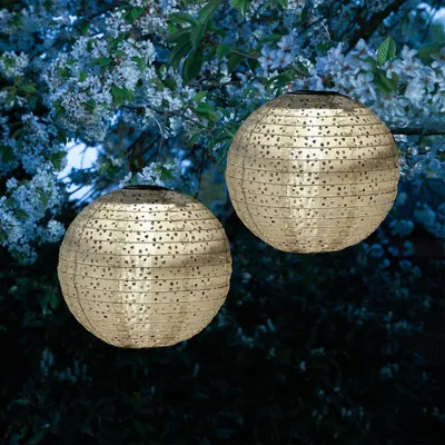 LED Solar Lampions - mit Blumenmuster - warmweiße LED - D: 25cm - Lichtsensor - beige - 2 Stück