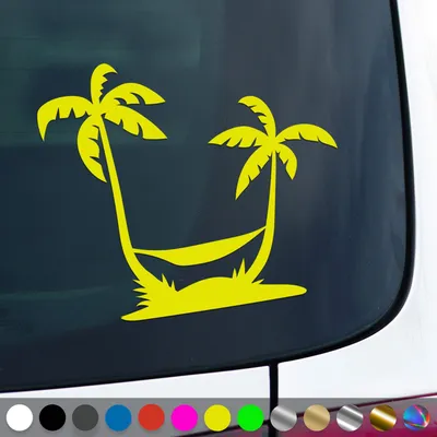 Produktbild von PantherPixel Palmen Aufkleber Insel Reisen Camping Strand Urlaub Sticker Auto Geschenkidee Farbe Neon-Gelb