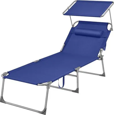 Immagine prodotto di Ampia sedia a sdraio da giardino pieghevole con schienale regolabile e parasole blu scuro.