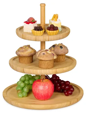 Produktbild von Relaxdays Etagere Bambus, HxD: 25 x 30 cm, 3-stöckige Obstetagere, Ablage von Gebäck, Snacks, Nüssen, Obstteller, natur