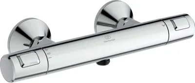A chrome shower thermostat on a white background.
