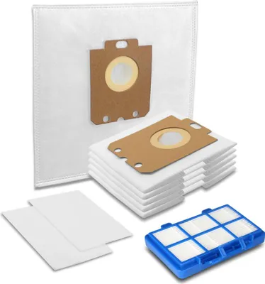 A collection of vacuum cleaner bags and filters are displayed against a white background.