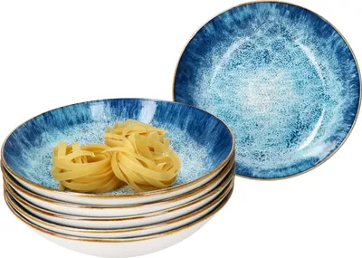 Produktbild von Marina 6er Set blaue Suppenteller 450ml maritime Teller tief Ozean Porzellan